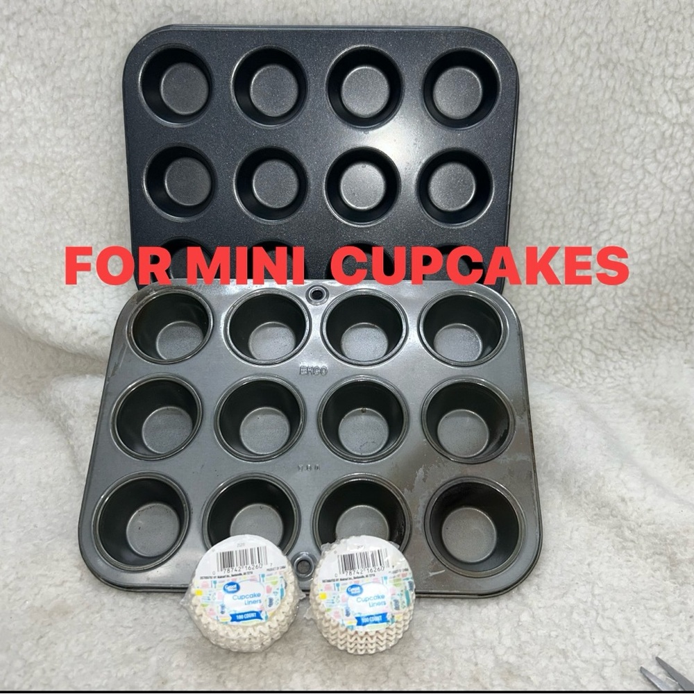 2 Mini cupcake pans with 200 paper liners Ekco & no brand pan 10" x 7.75" used